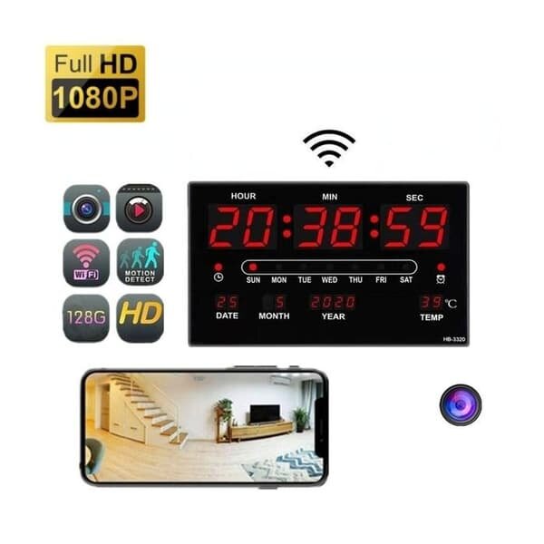 Picture of LED Digital Number Clock Wi-Fi Camera HD 1080P Pixels Camera DVR P2P with battery backup and voice with Timer_ Alarm Clock_ Snooze Function_ Temperature Display - Black