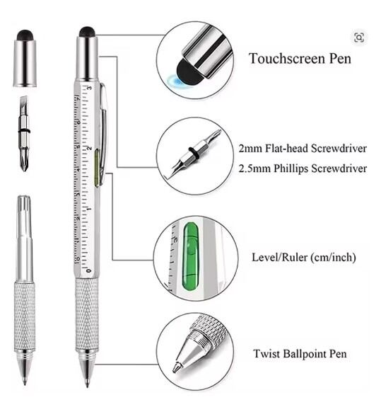 Picture of 6 in 1 Multifunctional Pen Touch Screen Stylus Capacitive Pen with Screwdriver Ruler Levelgauge Refillable Ballpoint Pencil Tool - Black
