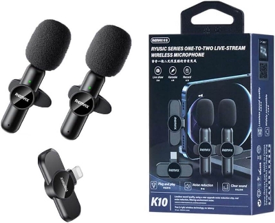 Picture of RE-MAX K10 Wireless Microphone for iPhone_ 2.4GHz Lightning Connector_ Dual Lavalier Mics_ Noise Cancellation_ 6-8 Hours Battery Life for Live Video Recording & Streaming for iphone ipad recording - Black