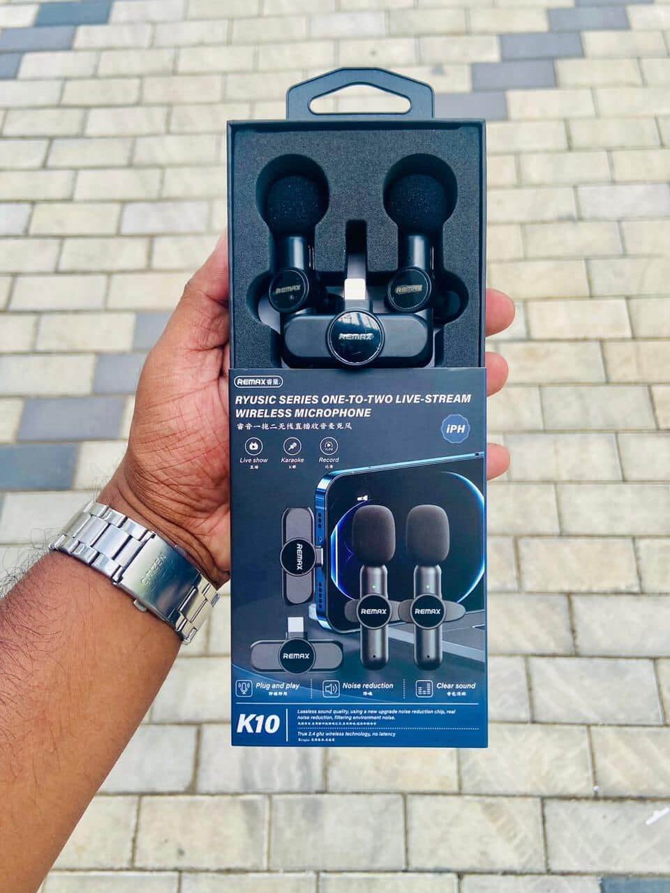 Picture of RE-MAX K10 Wireless Microphone for iPhone_ 2.4GHz Lightning Connector_ Dual Lavalier Mics_ Noise Cancellation_ 6-8 Hours Battery Life for Live Video Recording & Streaming for iphone ipad recording - Black