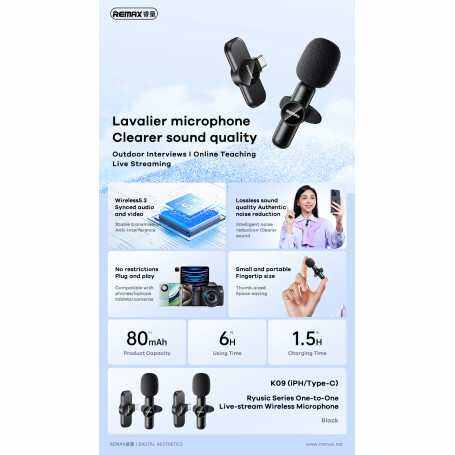Picture of RE-MAX Ryusic Series K09 80mAh One-to-One Live-Stream Wireless Microphone - Type-C Black - Black