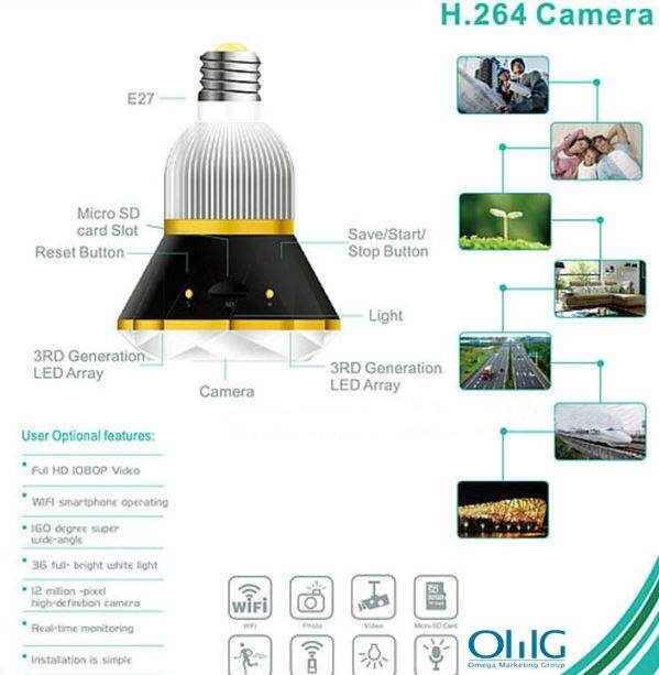 Picture of WIFI IP Bulb Camera with Night Vision and Motion Detection full hd 1080p 4k - Black