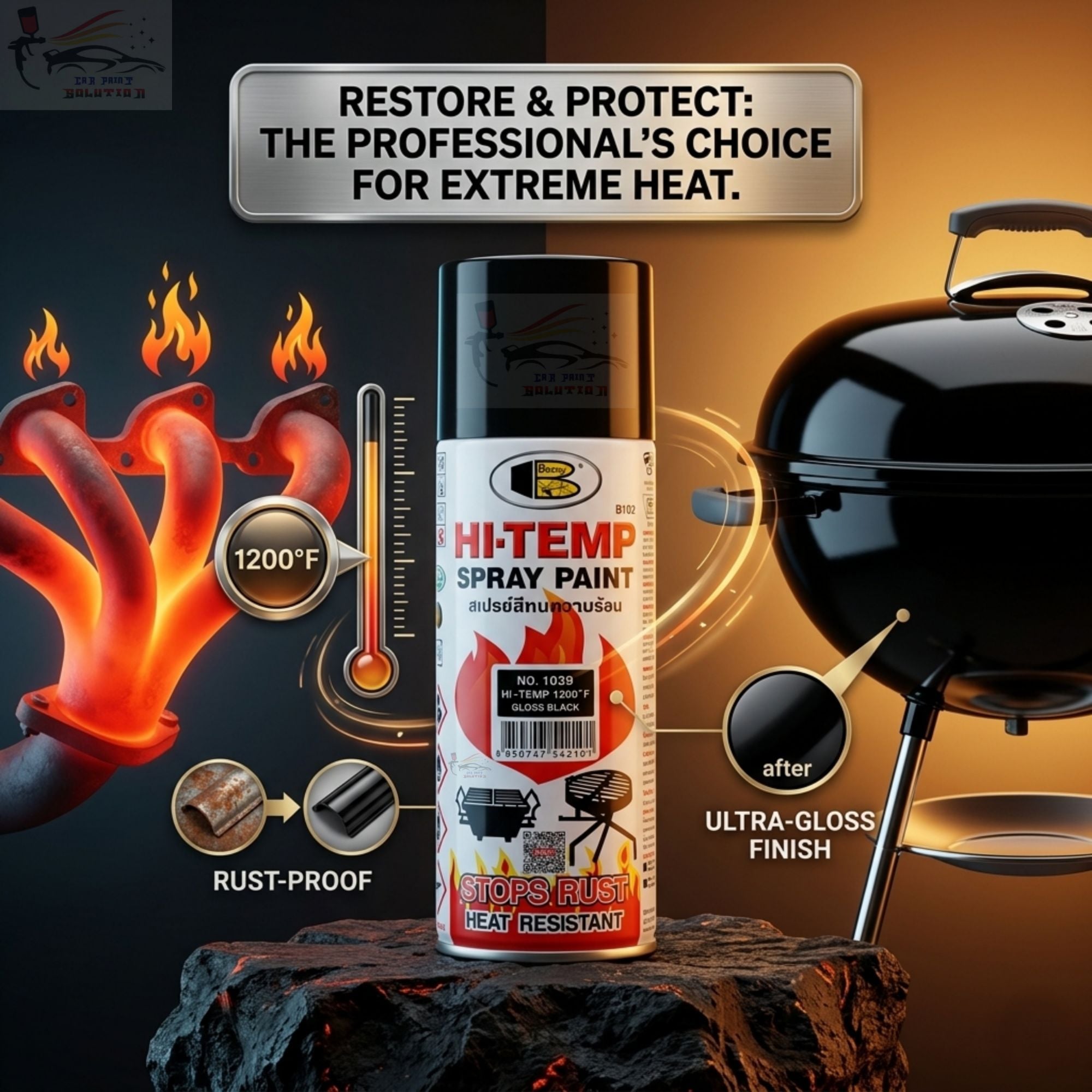Picture of BOSNY Hi-Heat Resistant 1200°F Aerosol Spray Paint, Bosny spray paint, Bosny Gloss black, Spray paint, Paint, Bosny high temperature spray paint.