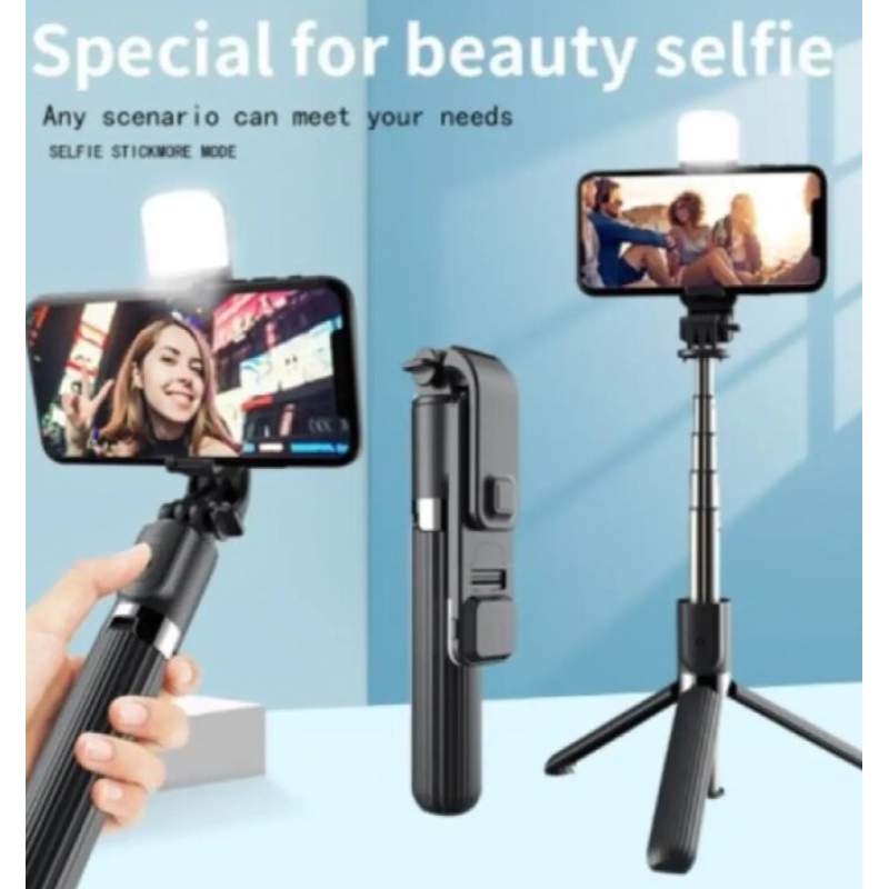 Picture of P20S Bluetooth-Compatible Selfie Stick With Tripod Plastic Mobile Phone Holder Handle Retractable Portable Multifunctional Tripod (100cm)-Black