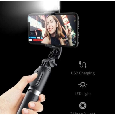 Picture of Q07 Selfie Stick Foldable Mini Tripod with Fill Light Bluetooth Remote Shutter Retractable Rod for Phone (100cm)-Black