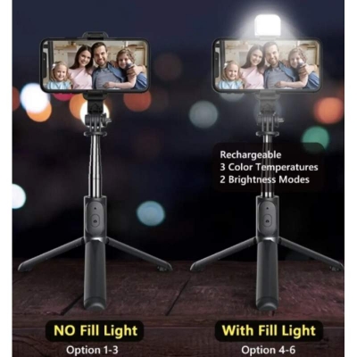 Picture of Q07 Selfie Stick Foldable Mini Tripod with Fill Light Bluetooth Remote Shutter Retractable Rod for Phone (100cm)-Black