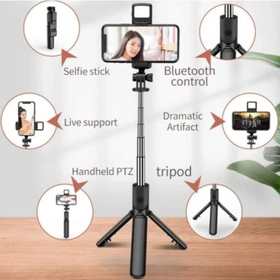 Picture of R1S Bluetooth Integrated Selfie Stick with Light and Bluetooth Remote Control-Black