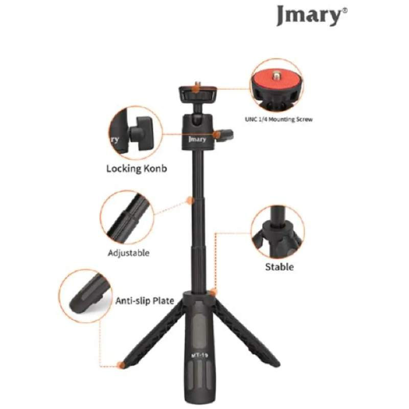 Picture of Jmary MT-19 Mini Tripod Stand with Universal Mobile Phone Holder and High quality aluminum alloy Ball-Head-Black