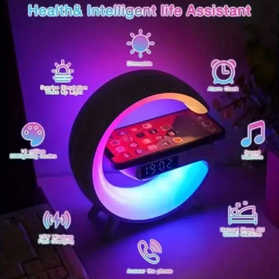 Picture of New Wireless Charging Light Up Speaker G Shape LED Wireless Table Speaker Color Changing Alarm Clock Charger Stand Bedside Light New (Charging only For Iphone