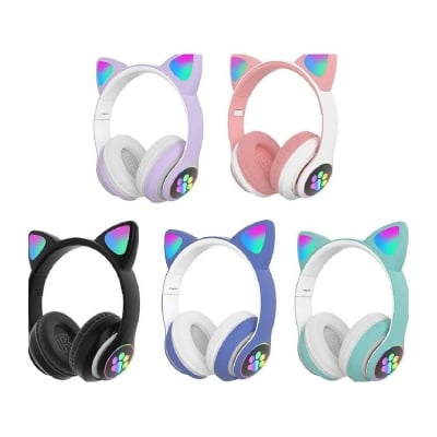 Picture of CAT STN-28 Over Ear Music Headset Glowing Ear Headphones Foldable Wireless BT5.0 Earphone with Mic AUX IN TF Card MP3 Player Colorful LED Lights for PC Laptop Computer Mobile Phone-Multicolor