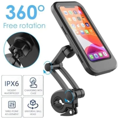 Picture of Waterproof Motorcycle Bicycle Phone Holder,360° Swivel Height Adjustable with Touch Screen Handlebar Phone Clip-Black
