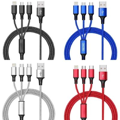 Picture of 3 In 1 Fast Charging USB Charger Cable / Fast Charging Data Transfer/Compatible with Micro USB, USB-C/Type-C Devices-Multicolor