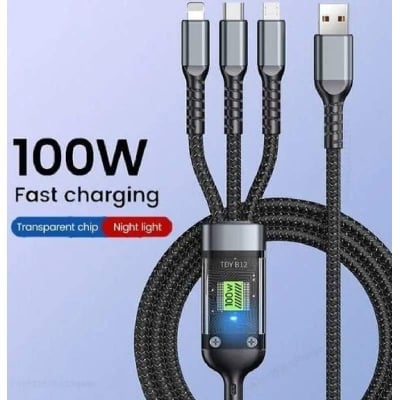 Picture of 3 In 1 Amazing Aesthetic Transparent Chip Design 100W Fast Charging Cable Type C Usb Micro For Iphone Samsung Huawei Xiaomi Pilot Lamp Charger Usb C 6A-Black