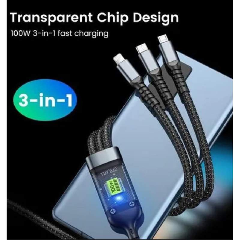 Picture of 3 In 1 Amazing Aesthetic Transparent Chip Design 100W Fast Charging Cable Type C Usb Micro For Iphone Samsung Huawei Xiaomi Pilot Lamp Charger Usb C 6A-Black