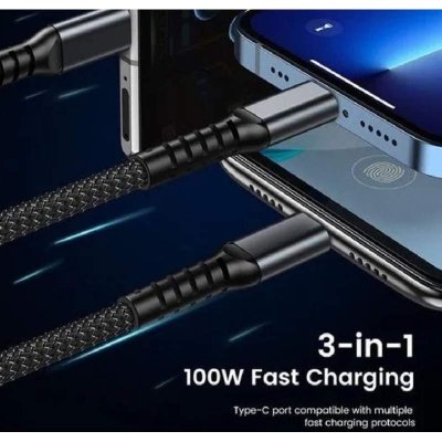 Picture of 3 In 1 Amazing Aesthetic Transparent Chip Design 100W Fast Charging Cable Type C Usb Micro For Iphone Samsung Huawei Xiaomi Pilot Lamp Charger Usb C 6A-Black