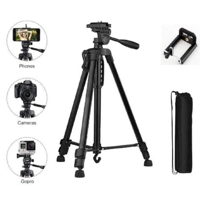 Picture of 3366 Aluminum Tripod , Universal Lightweight Tripod with Mobile Phone Holder Mount & Carry Bag for All Smart Phones, Gopro, Cameras-Black