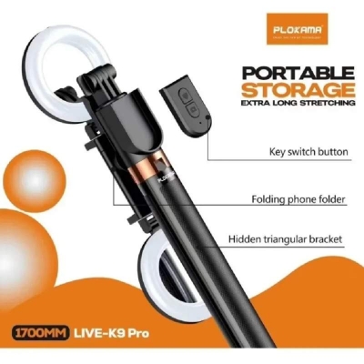 Picture of PLOKAMA LIVE-K9 Pro Ultra Long Selfie Stick with Ring Light (1700mm)।-Black