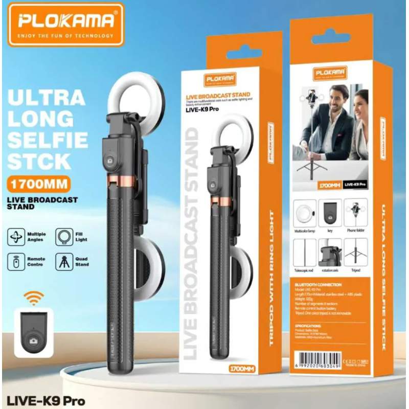Picture of PLOKAMA LIVE-K9 Pro Ultra Long Selfie Stick with Ring Light (1700mm)।-Black