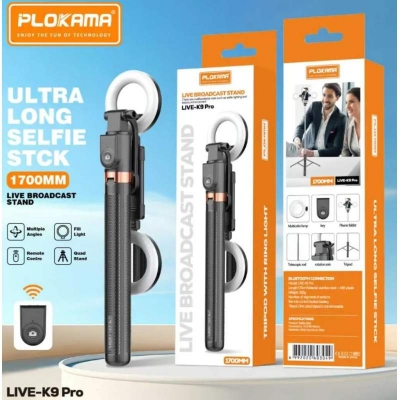 Picture of PLOKAMA LIVE-K9 Pro Ultra Long Selfie Stick with Ring Light (1700mm)।-Black