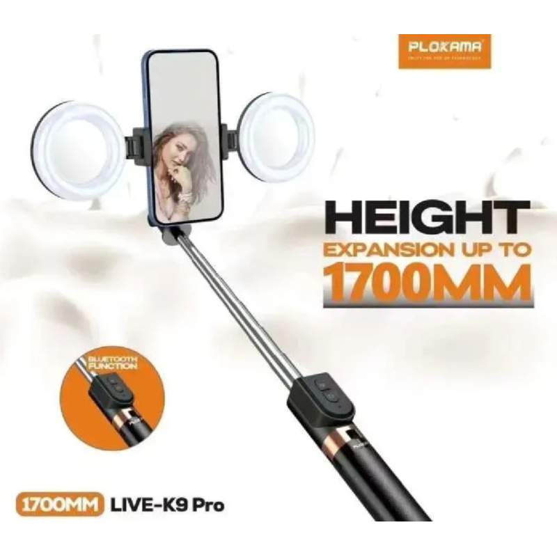 Picture of PLOKAMA LIVE-K9 Pro Ultra Long Selfie Stick with Ring Light (1700mm)।-Black