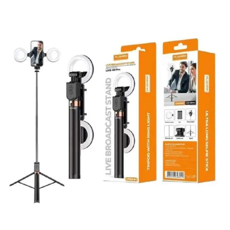 Picture of PLOKAMA LIVE-K9 Pro Ultra Long Selfie Stick with Ring Light (1700mm)।-Black