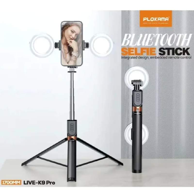 Picture of Plokama K9Pro Duel ring light Meter Long Selfie Stick with Remote Control Foldable Feature for Selfiestick Tongsis-Black