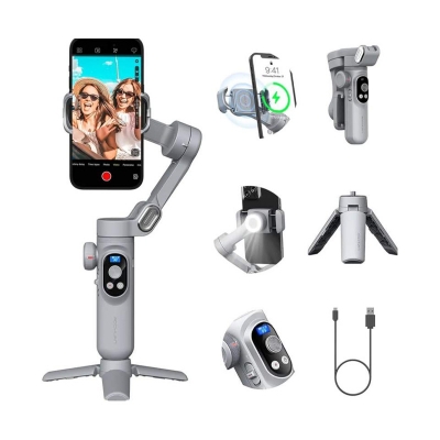 Picture of Smart X Pro 3-Axis Smart Gimbal Stabilizer Set With RGB Magnetic Light OLED Display LED Light Focus Wheel Grey Gimbal-White