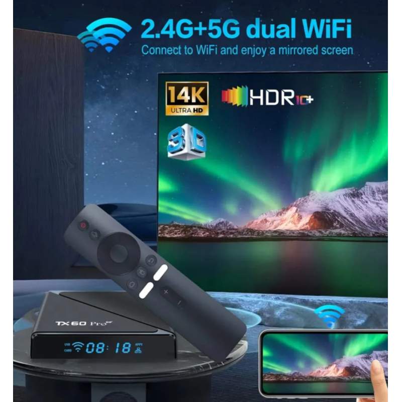 Picture of TX 60 Pro With Display 24K ULTRA HD Android Smart TV Box Voice Remote, Bluetooth, Free Dish Channel Warranty,Life time free Dish With 90 Days Warrenty-Black