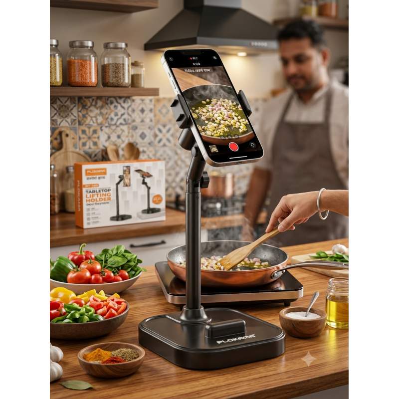 Picture of Plokama DT-100 Tabletop Lifting Mobile Holder for Cooking Videos - 360° Adjustable Desk Phone Stand for Kitchen & Food Vlogging-Black