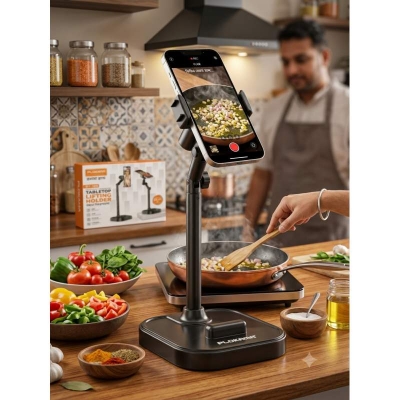 Picture of Plokama DT-100 Tabletop Lifting Mobile Holder for Cooking Videos - 360° Adjustable Desk Phone Stand for Kitchen & Food Vlogging-Black