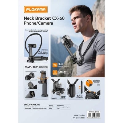 Picture of PLOKAMA CX-60 Phone & Action Camera Neck Holder Mount Bracket - Anti-Shake Strap for POV Vlogging-Black