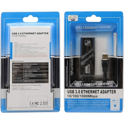 Picture of USB 3.0 to Ethernet adapter, allowing a computer to connect to a wired network through a USB port-Black