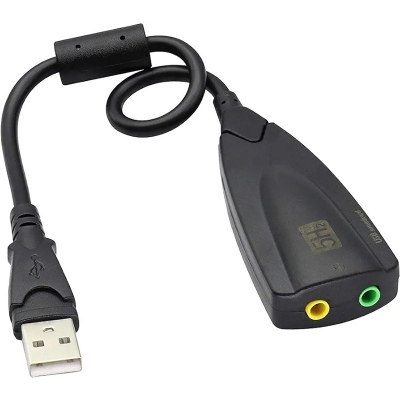 Picture of USB external sound card, specifically the 5HV2 model. It's used to add audio input and output jacks to a computer via a USB port.-Multicolor
