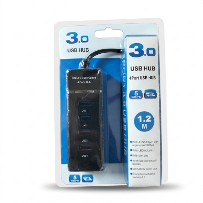 Picture of 4-Port USB 3.0 Hub, which allows the user to connect multiple USB devices to a single USB port on a computer-Black