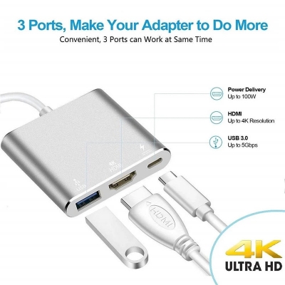 Picture of Type C USB 3.1 To USB-C 4K HDMI USB 3.0 Adapter Cable 3 In 1 Hub USB Adapter-Silver