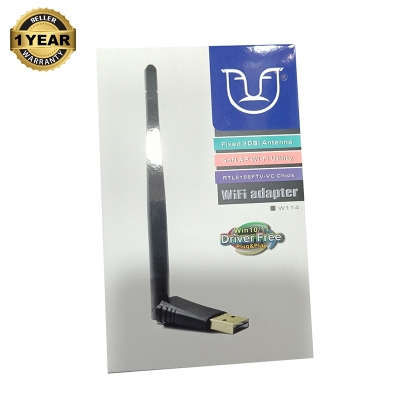Picture of W114 WiFi adapter. It plugs into a computer's USB port to enable wireless internet connectivity.-Black