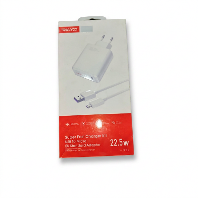 Picture of Tranyoo Super Fast Charger Kit with a USB to Micro cable and an EU standard adapter. It is a 22.5W charger with a charging indicator light. -Multicolor