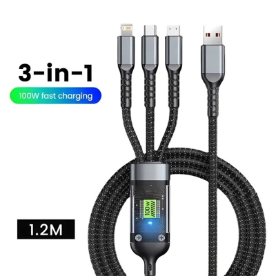 Picture of 3-in-1 fast charging cable, likely the Moxx MDC-6C, which offers versatile charging for multiple devices simultaneously. -Multicolor