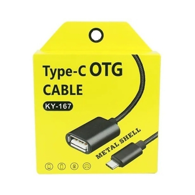 Picture of Type-C OTG (On-The-Go) cable, model KY-167, designed to connect USB devices to USB-C enabled mobile devices.-Black