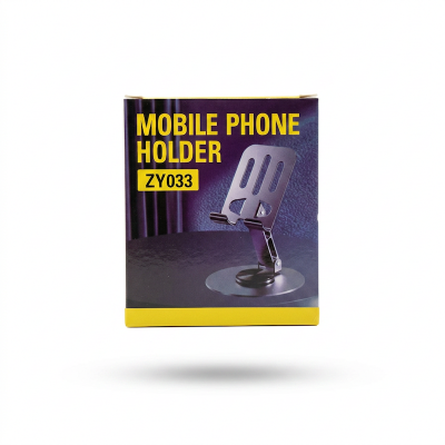 Picture of mobile phone holder, model ZY033, and its packaging. -Silver