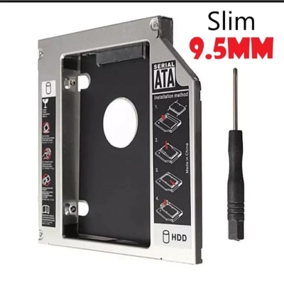 Picture of 9.5mm SATA HDD caddy, which is a device used to install a second hard drive or SSD in a laptop's optical drive bay. -16TB