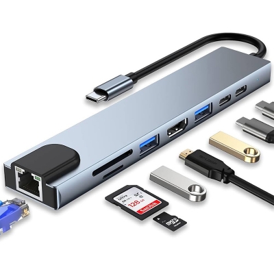 Picture of 8-in-1 USB-C Hub multiport adapter designed to expand the connectivity of USB-C compatible laptops, tablets, and smartphones.-Silver