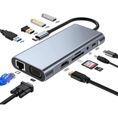 Picture of TYPE C Hub 11 in 1 USB C Docking Station 4K HDMI, VGA, Type C PD, USB3.0, RJ45 Ethernet, SD/TF AUX Macbook PC Compatible Adapter Multiplier Converter hub114-Silver