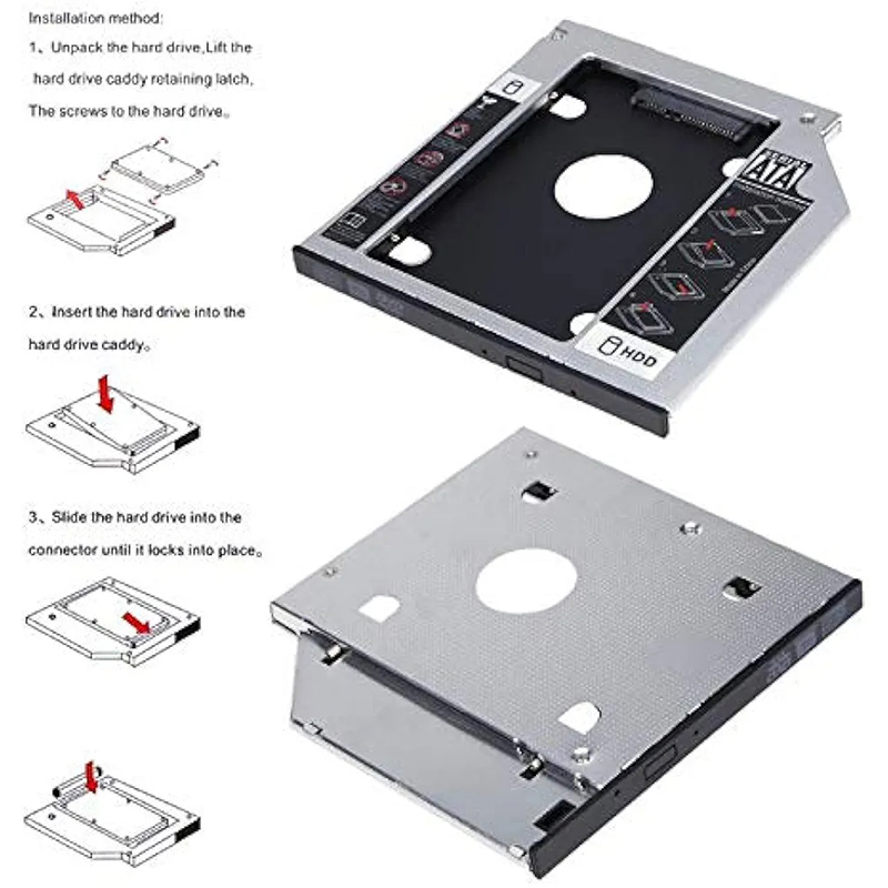 Picture of 9.5mm SATA HDD/SSD caddy. It's designed to replace a laptop's optical drive, allowing for the installation of a second 2.5-inch hard drive or solid-state drive