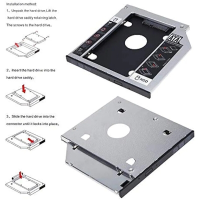 Picture of 9.5mm SATA HDD/SSD caddy. It's designed to replace a laptop's optical drive, allowing for the installation of a second 2.5-inch hard drive or solid-state drive