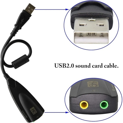 Picture of USB external sound card, specifically the 5HV2 model. It's used to add audio input and output jacks to a computer via a USB port.-Multicolor