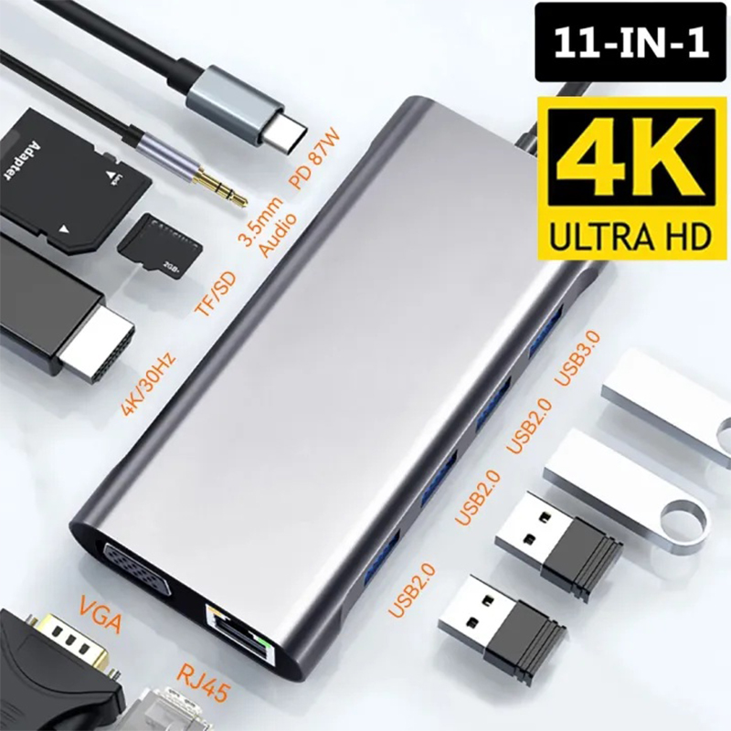 Picture of Type  C Hub 11 In 1 Type C 4K HDMI Adapter with RJ45 SD/TF Card Reader PD Fast Charge Docking Station for MacBook Laptop Computer-Silver