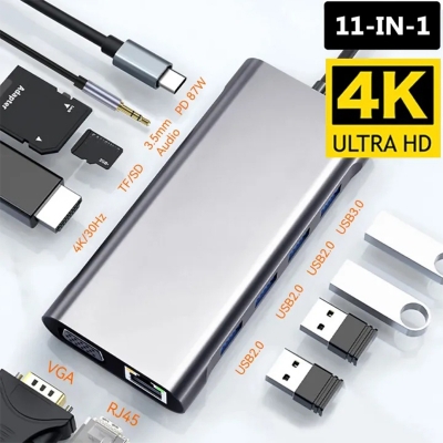 Picture of Type  C Hub 11 In 1 Type C 4K HDMI Adapter with RJ45 SD/TF Card Reader PD Fast Charge Docking Station for MacBook Laptop Computer-Silver