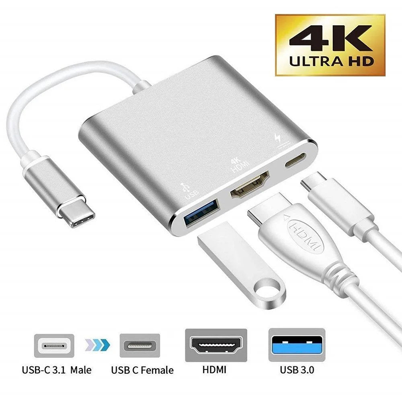 Picture of Type C USB 3.1 To USB-C 4K HDMI USB 3.0 Adapter Cable 3 In 1 Hub USB Adapter-Silver