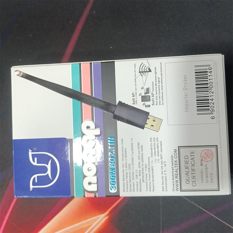 Picture of W114 WiFi adapter. It plugs into a computer's USB port to enable wireless internet connectivity.-Black